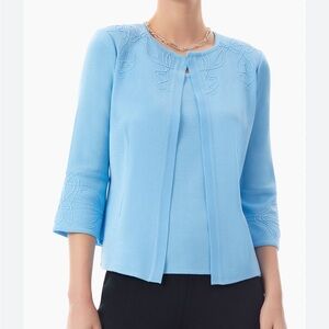 MING WANG WOMENS MEDIUM embroidered trim, bell sleeve knit jacket 245$ retail